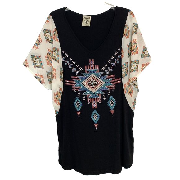 Vocal Black Aztec Top XL Boho Southwestern Studded V-Neck Kimono Sleeve USA - Picture 1 of 7